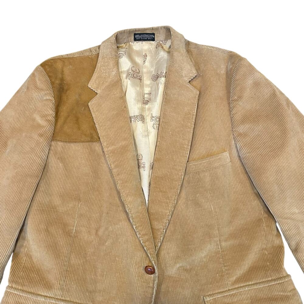 Tan Corduroy Blazer Suede Shoulder Patch 2 Button 44R - Picture 3 of 14